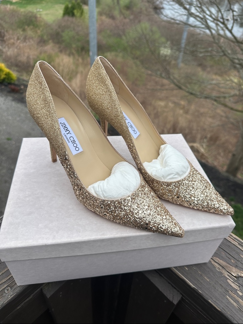 Jimmy Choo Gold Glitter Pointed-Toe Stiletto Pumps